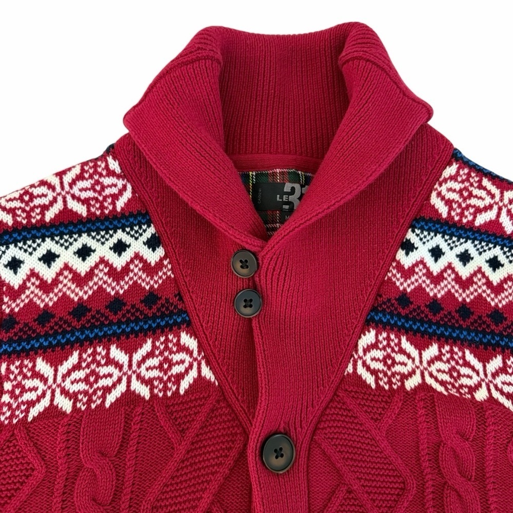 LE 31 SIMONS Red Fair Isle Shawl Collar Cotton Cardigan m - Picture 6 of 13